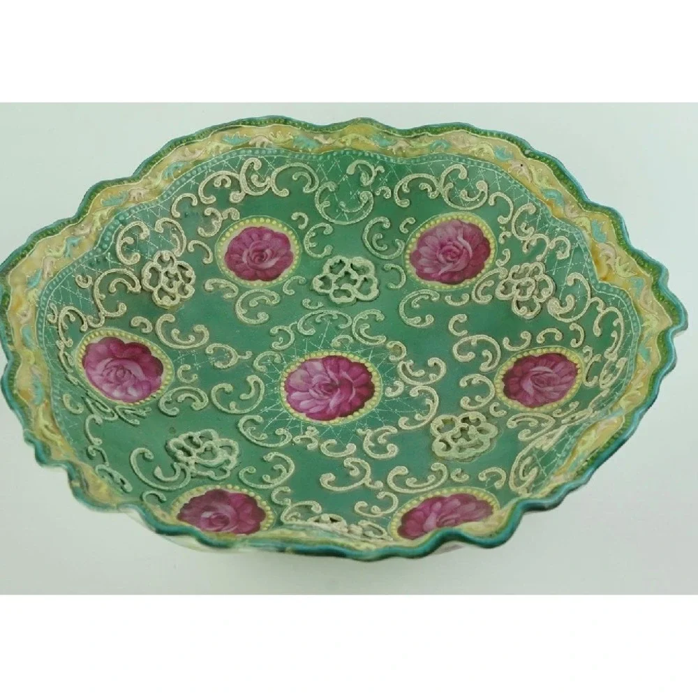 Antique Nippon Moriage Porcelain Lidded Jar and Bowl Set Pink Roses Teal 1890s